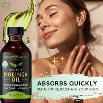 Mother Nature USDA Organic Moringa Seed Oil, 100% Pure, Cold-Pressed, Unrefined Moringa Oil for Face, Skin Care & Hair Growth, Aceite de Moringa para la Cara, Anti-Aging. Non-GMO & Gluten Free (4 Oz)