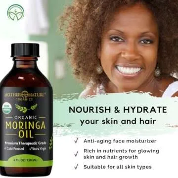 Mother Nature USDA Organic Moringa Seed Oil, 100% Pure, Cold-Pressed, Unrefined Moringa Oil for Face, Skin Care & Hair Growth, Aceite de Moringa para la Cara, Anti-Aging. Non-GMO & Gluten Free (4 Oz)