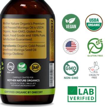 Mother Nature USDA Organic Moringa Seed Oil, 100% Pure, Cold-Pressed, Unrefined Moringa Oil for Face, Skin Care & Hair Growth, Aceite de Moringa para la Cara, Anti-Aging. Non-GMO & Gluten Free (4 Oz)