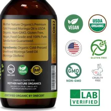 Mother Nature USDA Organic Moringa Seed Oil, 100% Pure, Cold-Pressed, Unrefined Moringa Oil for Face, Skin Care & Hair Growth, Aceite de Moringa para la Cara, Anti-Aging. Non-GMO & Gluten Free (4 Oz)