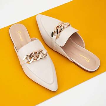 BISON SPIRIT Mules for Women Flats Pointed Toe Slip On Slides Loafer Shoes (Metal Chain-Beige PU,7.5)