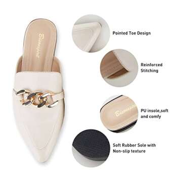 BISON SPIRIT Mules for Women Flats Pointed Toe Slip On Slides Loafer Shoes (Metal Chain-Beige PU,7.5)