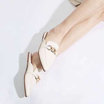 BISON SPIRIT Mules for Women Flats Pointed Toe Slip On Slides Loafer Shoes (Metal Chain-Beige PU,7.5)