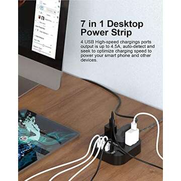 Power Strip with USB C, 3 Outlet 4 USB Ports 4.5A Flat Plug Desktop Charging Station, Non Surge Protector with 5ft Heavy Duty Braided Extension Cord for Cruise Ship Travel Office Home, ETL Listed