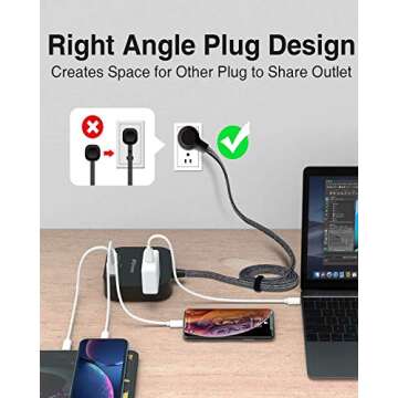 Power Strip with USB C, 3 Outlet 4 USB Ports 4.5A Flat Plug Desktop Charging Station, Non Surge Protector with 5ft Heavy Duty Braided Extension Cord for Cruise Ship Travel Office Home, ETL Listed