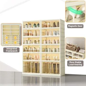 Dimmeda 6 Tiers Foldable Shoe Rack Organizer for Closet with Wheels, 24Pairs Plastic Collapsible Shoe Shelf for Front Door Entrance Stackable Clear Folding Shoes Storage Boxes Tall Shoe Cabinet