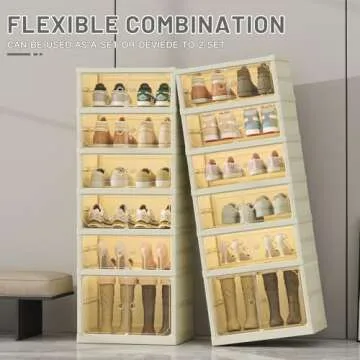 Dimmeda 6 Tiers Foldable Shoe Rack Organizer for Closet with Wheels, 24Pairs Plastic Collapsible Shoe Shelf for Front Door Entrance Stackable Clear Folding Shoes Storage Boxes Tall Shoe Cabinet