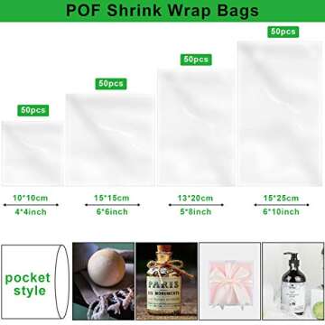 200 Pieces Heat Shrink Wrap Bags 4 x 4 Inch, 6 x 6 Inch, 5 x 8 Inch, 6 x 10 Inch, 4 Sizes Clear Odor...