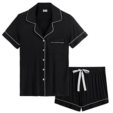 Joyaria Button Down Pj Set for Women Short Sleeve Viscose Made From Bamboo Pajamas Cooling (Black,La...