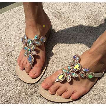 Hinyyrin Women's Summer Rhinestone Bling Wedding Sandals,Glitter Jeweled Sandals,Dressy Flat Sandals,Beach Thong, Size 8 Beige