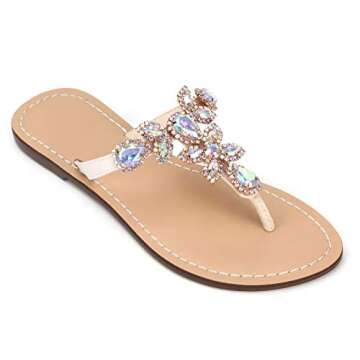 Hinyyrin Women's Summer Rhinestone Bling Wedding Sandals,Glitter Jeweled Sandals,Dressy Flat Sandals,Beach Thong, Size 8 Beige