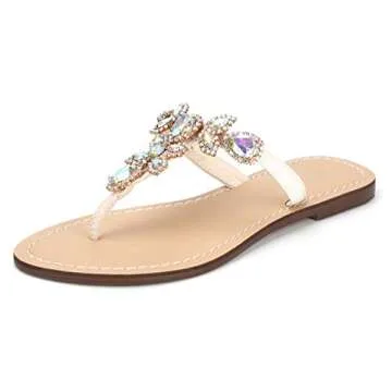 Hinyyrin Women's Summer Rhinestone Bling Wedding Sandals,Glitter Jeweled Sandals,Dressy Flat Sandals,Beach Thong, Size 8 Beige