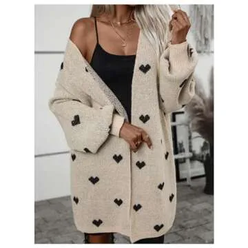 SOLY HUX Women's Long Sleeve Cardigan Sweaters Heart Print Open Front Knit Fall Outerwear Coat Khaki Heart X-Large