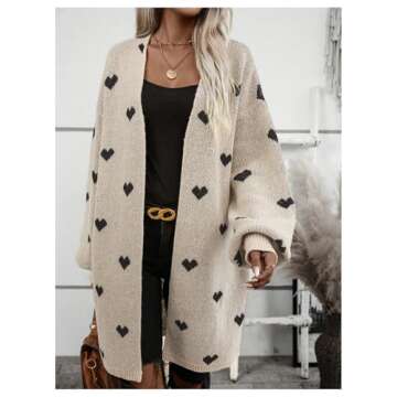 SOLY HUX Women's Long Sleeve Cardigan Sweaters Heart Print Open Front Knit Fall Outerwear Coat Khaki Heart X-Large