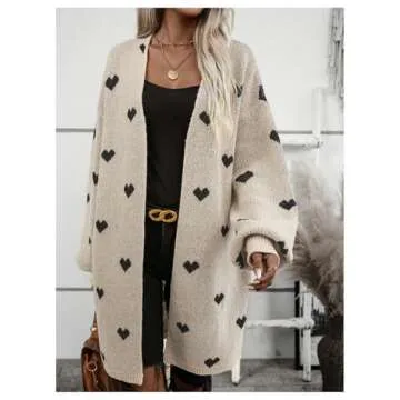 SOLY HUX Women's Long Sleeve Cardigan Sweaters Heart Print Open Front Knit Fall Outerwear Coat Khaki Heart X-Large