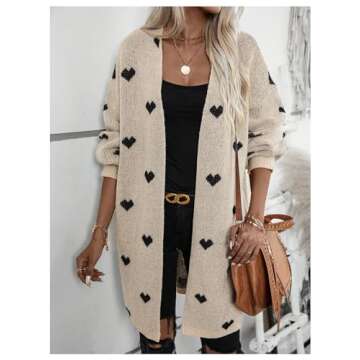 SOLY HUX Women's Long Sleeve Cardigan Sweaters Heart Print Open Front Knit Fall Outerwear Coat Khaki Heart X-Large