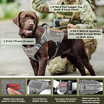 Tactical Dog Harness Large,Military Service Weighted Dog Vest Harness Working Dog MOLLE Vest with Loop Panels,No-Pull Training Harness with Leash Clips for Walking Hiking Hunting(Grey,L)