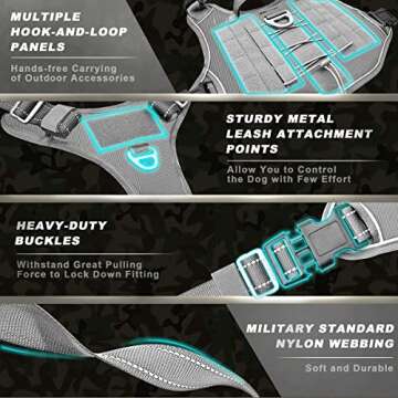 Tactical Dog Harness Large,Military Service Weighted Dog Vest Harness Working Dog MOLLE Vest with Loop Panels,No-Pull Training Harness with Leash Clips for Walking Hiking Hunting(Grey,L)