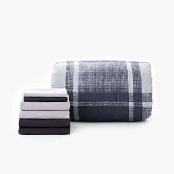 OCM Complete Dorm Essentials Value Pack - 21 Piece Twin XL Set | Twin XL | Comforter, Sheets, Topper, Blanket, Towels, Storage & More | Wonderland Gray | Oversized Plaid in Black & Gray