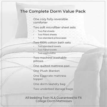 OCM Complete Dorm Essentials Value Pack - 21 Piece Twin XL Set | Twin XL | Comforter, Sheets, Topper, Blanket, Towels, Storage & More | Wonderland Gray | Oversized Plaid in Black & Gray
