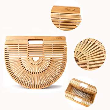 Vintga Bamboo Bags for Women Summer Straw Bags Wooden Beach Purses Basket Handle Handbags