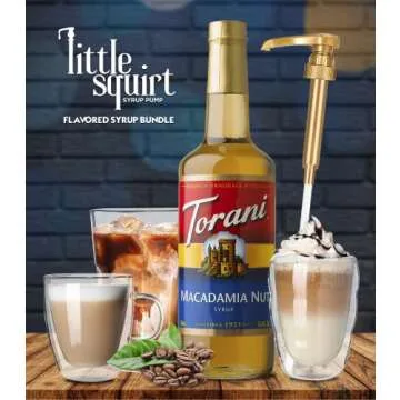 Macadamia Nut Syrup for Coffee 25.4 Ounces, Torani Macadamia Syrup with Little Squirt Syrup Pump