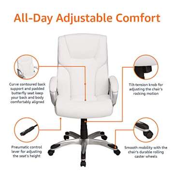Amazon Basics Executive Home Office Desk Chair with Padded Armrests, Adjustable Height and Tilt, Rolling Swivel Chair, 275 Pound Capacity, White and Pewter