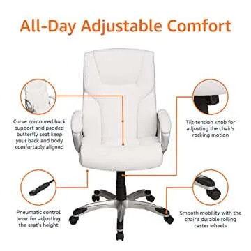 Amazon Basics Executive Home Office Desk Chair with Padded Armrests, Adjustable Height and Tilt, Rolling Swivel Chair, 275 Pound Capacity, White and Pewter