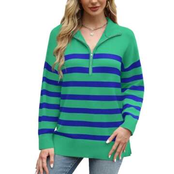WIHOLL Womens Oversized Sweaters Striped Long Sleeve V Neck Tops Knit Side Slit Tunic Sweaters Winter Clothes 2024 Green S