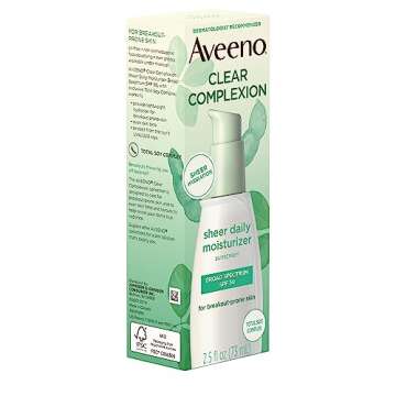 Aveeno Clear Complexion Sheer Daily Face Moisturizer with Broad Spectrum SPF 30 Sunscreen & Total Soy Complex for Breakout-Prone Skin, Non-Greasy, Lightweight & Oil-Free, 2.5 fl. oz