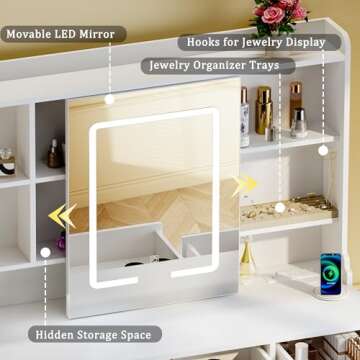 HUAHUU Vanity Desk with Mirror and Lights, Vanity Desk with Sliding LED Mirror, Makeup Vanity with A...
