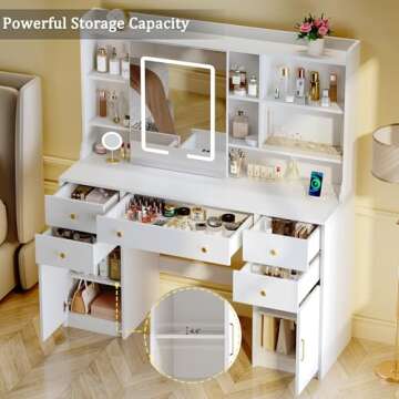 HUAHUU Vanity Desk with Mirror and Lights, Vanity Desk with Sliding LED Mirror, Makeup Vanity with Adjustable 3 Lights Modes, White Vanity with 5 Drawers & 2 Storage Cabinet, for Bedroom