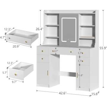 HUAHUU Vanity Desk with Mirror and Lights, Vanity Desk with Sliding LED Mirror, Makeup Vanity with Adjustable 3 Lights Modes, White Vanity with 5 Drawers & 2 Storage Cabinet, for Bedroom