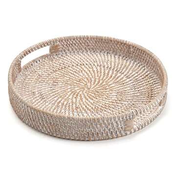 Stylish Round Rattan Serving Tray with Handles for Coffee Tables
