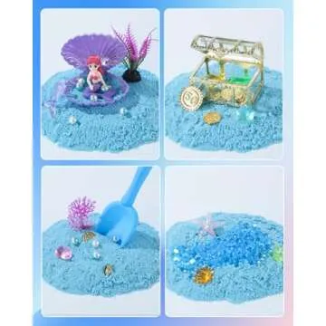 Mermaid Sensory Bin Blue Moldable Sensory Sand Kit Ocean Sensory Play Sand and Sandbox with Lid Colorful Plastic Sea Shell Conch Starfish Gems Toys for Kids,Kids Gifts for Boys and Girls