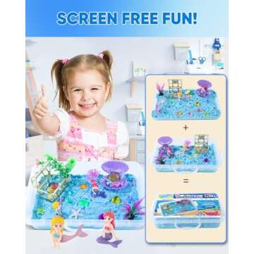 Mermaid Sensory Bin Blue Moldable Sensory Sand Kit Ocean Sensory Play Sand and Sandbox with Lid Colorful Plastic Sea Shell Conch Starfish Gems Toys for Kids,Kids Gifts for Boys and Girls