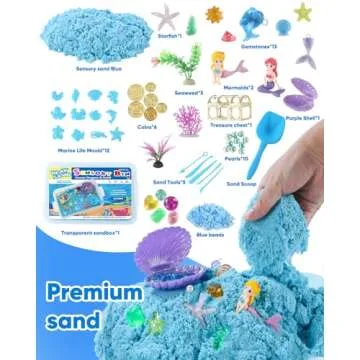Mermaid Sensory Bin Blue Moldable Sensory Sand Kit Ocean Sensory Play Sand and Sandbox with Lid Colorful Plastic Sea Shell Conch Starfish Gems Toys for Kids,Kids Gifts for Boys and Girls