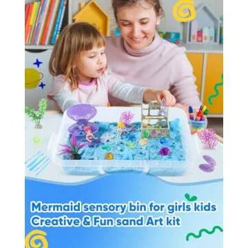 Mermaid Sensory Bin Blue Moldable Sensory Sand Kit Ocean Sensory Play Sand and Sandbox with Lid Colorful Plastic Sea Shell Conch Starfish Gems Toys for Kids,Kids Gifts for Boys and Girls