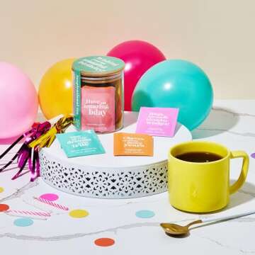Thoughtfully Gourmet, Inspirational Birthday Tea Gift Set, Includes Glass Storage Jar and 5 Flavors of Tea with Inspirational Quotes, Set of 25