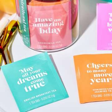 Thoughtfully Gourmet, Inspirational Birthday Tea Gift Set, Includes Glass Storage Jar and 5 Flavors of Tea with Inspirational Quotes, Set of 25