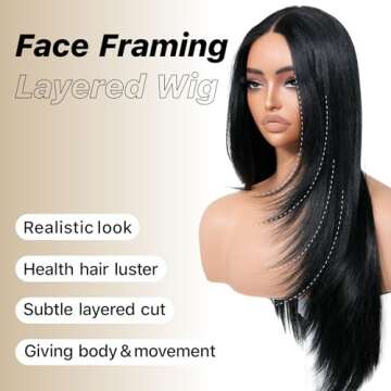 BrownBomb 1B Wear and Go Glueless Wigs Pre Plucked Pre Cut for Beginners Long Layered Straight Synthetic Lace Front Wigs with bangs 26 Inch Natural Black 3 Seconds to Wear for Beginners