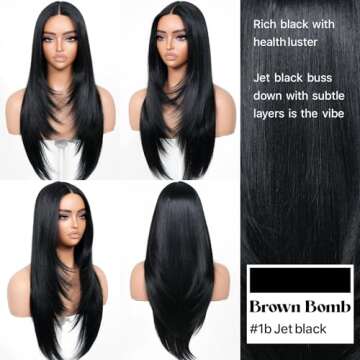 BrownBomb 1B Wear and Go Glueless Wigs Pre Plucked Pre Cut for Beginners Long Layered Straight Synthetic Lace Front Wigs with bangs 26 Inch Natural Black 3 Seconds to Wear for Beginners