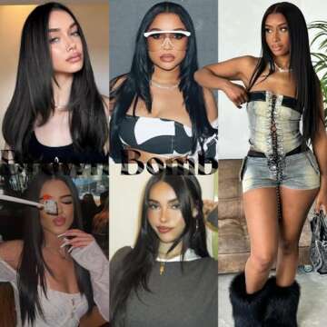 BrownBomb 1B Wear and Go Glueless Wigs Pre Plucked Pre Cut for Beginners Long Layered Straight Synthetic Lace Front Wigs with bangs 26 Inch Natural Black 3 Seconds to Wear for Beginners