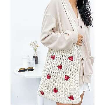 Stizimn Cute Strawberry Pattern Tote Bag Crochet Tote Bag Shoulder Bag Handbags Knitting Bag Aesthet...