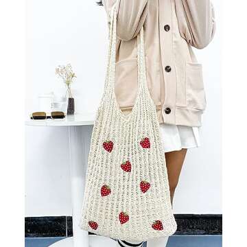 Stizimn Cute Strawberry Pattern Tote Bag Crochet Tote Bag Shoulder Bag Handbags Knitting Bag Aesthetic Handmade Weaving (8Strawberry-White)
