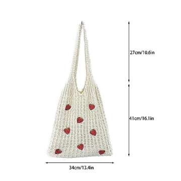 Stizimn Cute Strawberry Pattern Tote Bag Crochet Tote Bag Shoulder Bag Handbags Knitting Bag Aesthetic Handmade Weaving (8Strawberry-White)