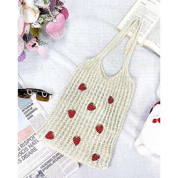Stizimn Cute Strawberry Pattern Tote Bag Crochet Tote Bag Shoulder Bag Handbags Knitting Bag Aesthetic Handmade Weaving (8Strawberry-White)