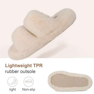 FamilyFairy Women's Fluffy Faux Fur Slippers Comfy Open Toe Two Band Slides with Fleece Lining and Rubber Sole(9-10, Beige)