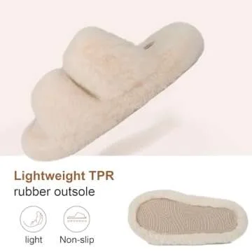 FamilyFairy Women's Fluffy Faux Fur Slippers Comfy Open Toe Two Band Slides with Fleece Lining and Rubber Sole(9-10, Beige)