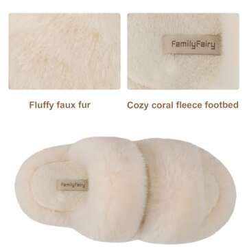 FamilyFairy Women's Fluffy Faux Fur Slippers Comfy Open Toe Two Band Slides with Fleece Lining and Rubber Sole(9-10, Beige)